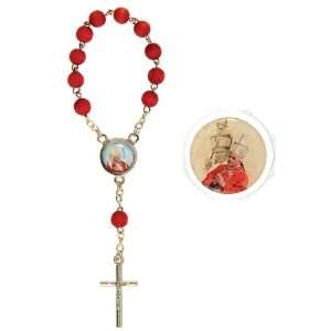  One Decade Finger Rosary with Red Beads, Pope Emblem and 