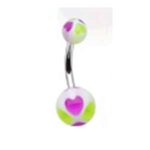   Navel Ring with Purple and Green Uv Heart Print Balls 