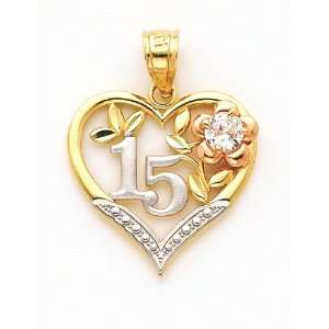  14k Gold Charm 15 Años Quinceanera Heart with Round Cz 