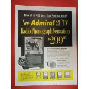 Admiral 21 TV model K2226. 50s Print Ad (Radio Phonograph Sensation 
