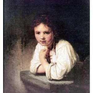 Oil Painting: A Young Girl Leaning On A Window Sill: Rembrandt van Rij