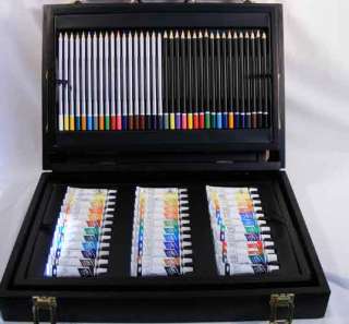 COMPLETE ART STUDIO IN A FOLD OUT HEAVY WOOD CASE Watercolors Crayons 