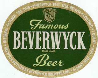 1930s Beverwyck Beer IRTP Quart Label   Albany, NY  