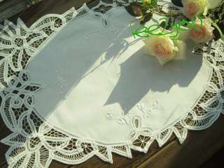 Lovely Hand Embroidered & Battenburg Lace Doily Place Mat 13x19 WHITE 
