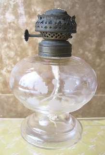 Vintage Glass OIL LAMP,Etched Flowers,C.1880,5 1/2Tall  