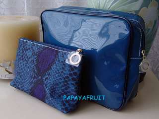 2pc Estee Lauder Cerulean Blue Patent Cosmetic Case Bag  