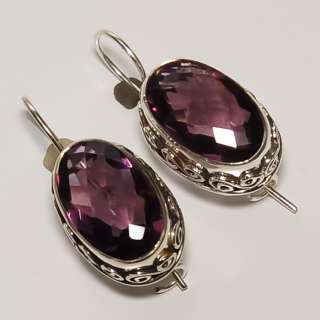 UNIQUE ! FACETED AMETHYST VINTAGE STYLE & .925 STERLING SILVER EARRING 