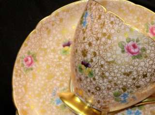 Shelley ROSE ForgetMeNots PANSY GOLD CHINTZ Tea cup and saucer TRIO 