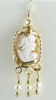 Hand Carved Shell Cameo Dangle Earrings 14K Rolled Gold Freshwater 