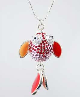Red Goldfish Fish Lychee Crystal Long Necklace Pendant  