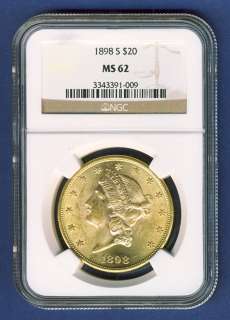 1898 S $20 LIBERTY GOLD COIN NGC MS62 NO RESERVE  