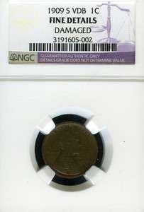 1909 S NGC VDB FINE DETAILS DAMAGED LINCOLN WHEAT CENT 1C AA27  
