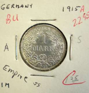1915 A GERMAN ONE MARK SILVER COIN, BU  