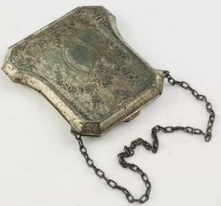 Antique 1920s Silver Plated Brass Wristlet Chain Makeup Compact Mirror 