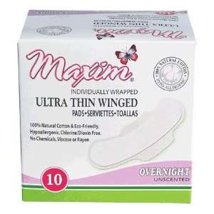 Maxim Hygiene 100% Natural Cotton Ultra Thin Winged Pads, Overnight 10 
