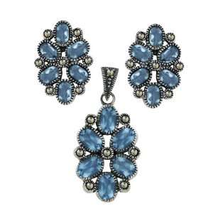   Silver Marcasite Aquamarine Glass Flower Earrings and Pendant Set