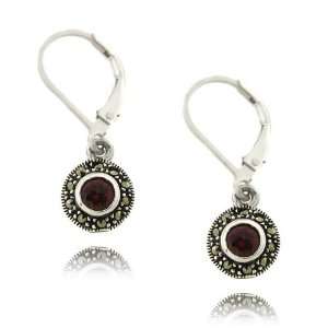   Silver Marcasite Simulated Garnet Circle Leverback Earrings Jewelry