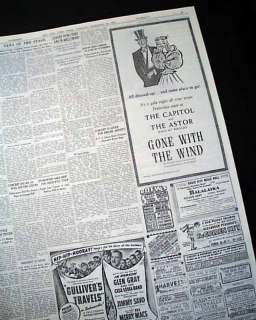 GONE WITH THE WIND New York Premiere AD 1939 Newspaper Clark Gable 