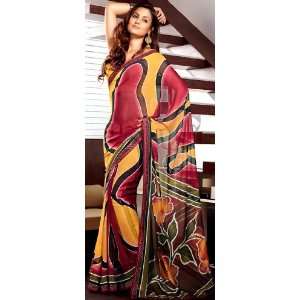   Printed Flowers on Aanchal and Patch Border   Chiffon 