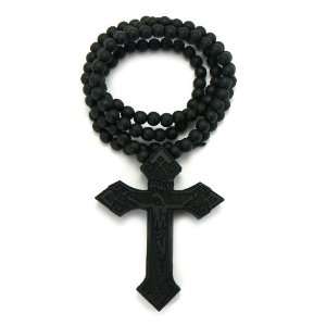  Black Wooden Inri Cross With Jesus Pendant With a 36 Inch 