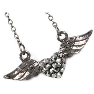   Black Flying Wings Heart Necklace w/ Clear Austrian Crystals Jewelry