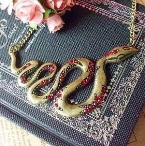 Retro Golden Snake Red Crystals Inlay Sweater Chain Necklace Pendant 