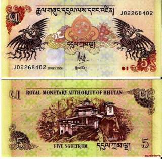 Bhutan 5 Ngultrum Asian Banknote World paper money 2006  