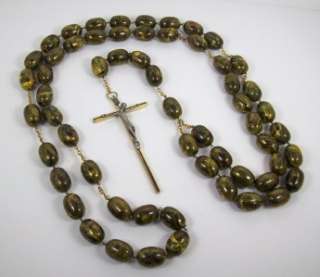   Large Rosary Beads Brass & Wood Cross Pewter Figure Faux Marble  