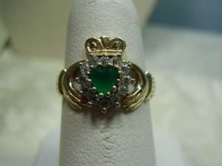   Gold Diamond Emerald and Clear Stone Claddaugh Ring Stamped 375  