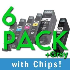  6 pack PGI 225 CLI 226 Black / Color + Gray w/ Chips 