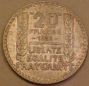FRANCE LARGE SILVER COIN 1938 20 FRANCS LIBERTE EGALITE FRATERNITE 