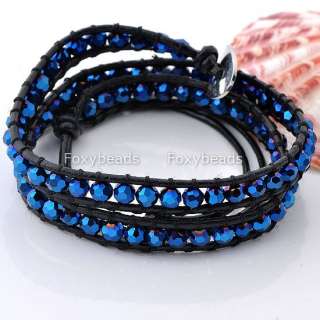 15L *11 Colors NEW 4mm Crystal Beads Black Leather 2 Wrap Bracelet 