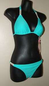 Sofia by ViX Aqua Leather Trim Bikini Set M Top L Bottom NWT  