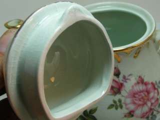   Wood Light Mint Green TeaPot PINK ROSE Flower 7 1/2 x 9 #5589  
