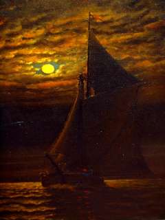 Antique WHITAKER Moonlight Sail Ship Ocean Seascape Oil Painting NR 