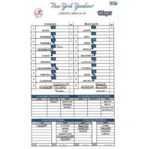  Yankees at Blue Jays 6 06 2010 Game Used Lineup Card 
