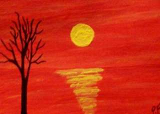 POLLY FORD PAINTING RED SUNSET OCEAN TREE  