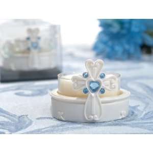   White Cross Candle Holder w/ Blue Crystal Accents