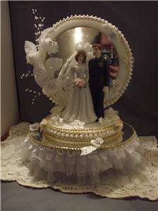 AIR FORCE WEDDING CAKE TOP/TOPPER/WHITE + GOLD/MIRRORED  
