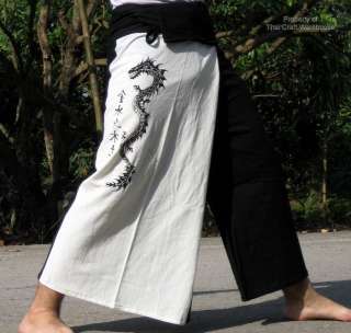 White Cream Cotton Samurai Pants   Chinese Dragon  