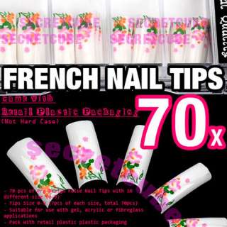 Pink Flower Painting Design Half French False Nail Acrylic Tips x 70 