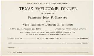 Dinner Ticket John F. Kennedy Assassination Night  