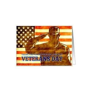 Veterans Day card featuring American soldier saluting flag Card