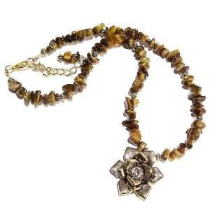    Tigers Eye Chip Necklace w/ Antique Gold Flower Pendant Jewelry