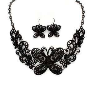 Victorian Gothic Black Butterfly Metal Frame Necklace and Earrings 