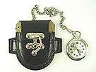 Black Leather Bag BIKER Silver Face Chain Pocket Watch USA SELLER