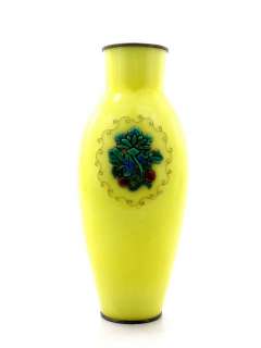 Ando Flower on Yellow Background Moriage Japanese Cloisonne Vase 