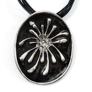 Black Enamel Oval Pendant With Cotton Cord Necklace ( Silver Tone 