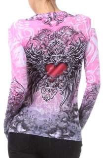 PINK CRYSTAL HEART ANGEL WINGS TATTOO SUBLIMATION T SHIRT & ED HARDY 