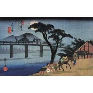   Utagawa Hiroshige Man on horseback crossing a bridge